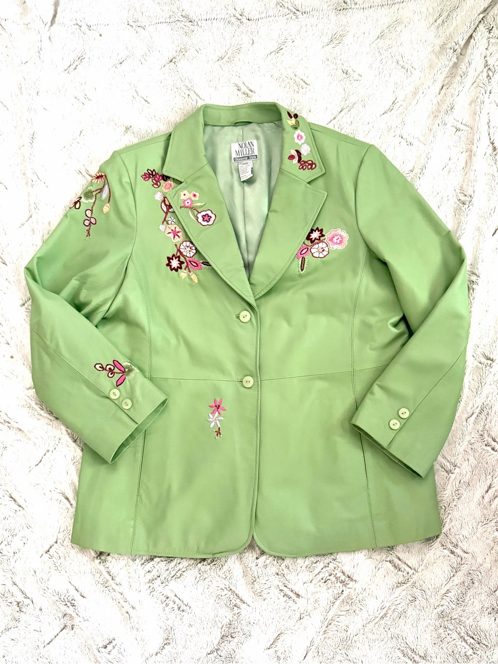 Nolan Miller Light Green Embroidered Leather Blazer